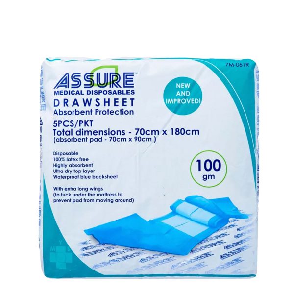 Assure – Absorbent Underpads Draw sheet (70cm x 180cm, 100g, 5 pcs/pkt)