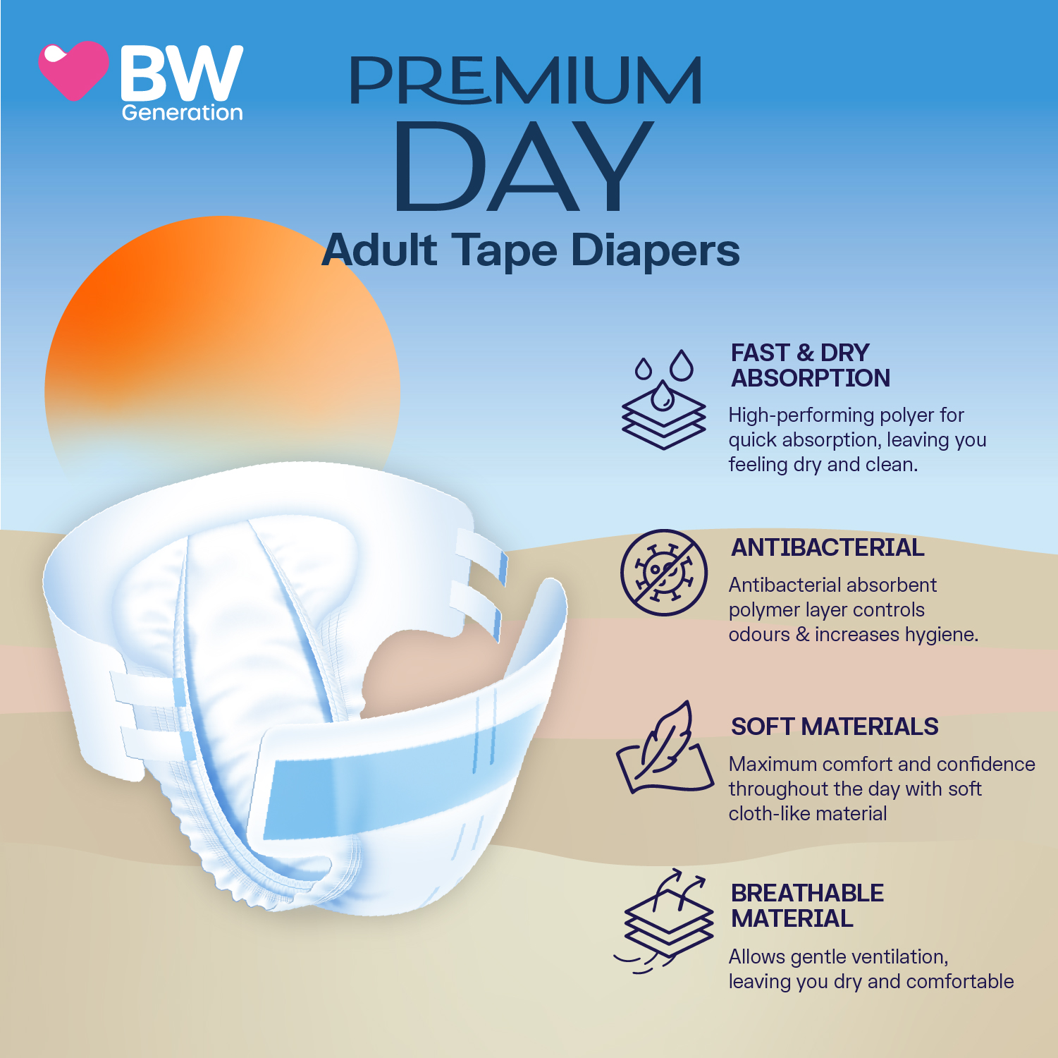 BW Premium Day Adult Diaper (Day Use) - M & L